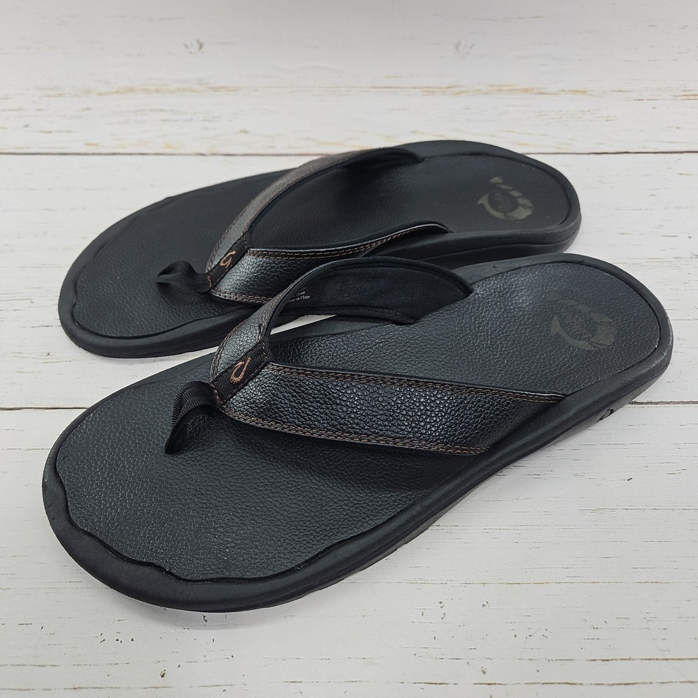 OluKai Ohana Leather Mens Size 12 Black Flip Flop Slip On Thong Sandals